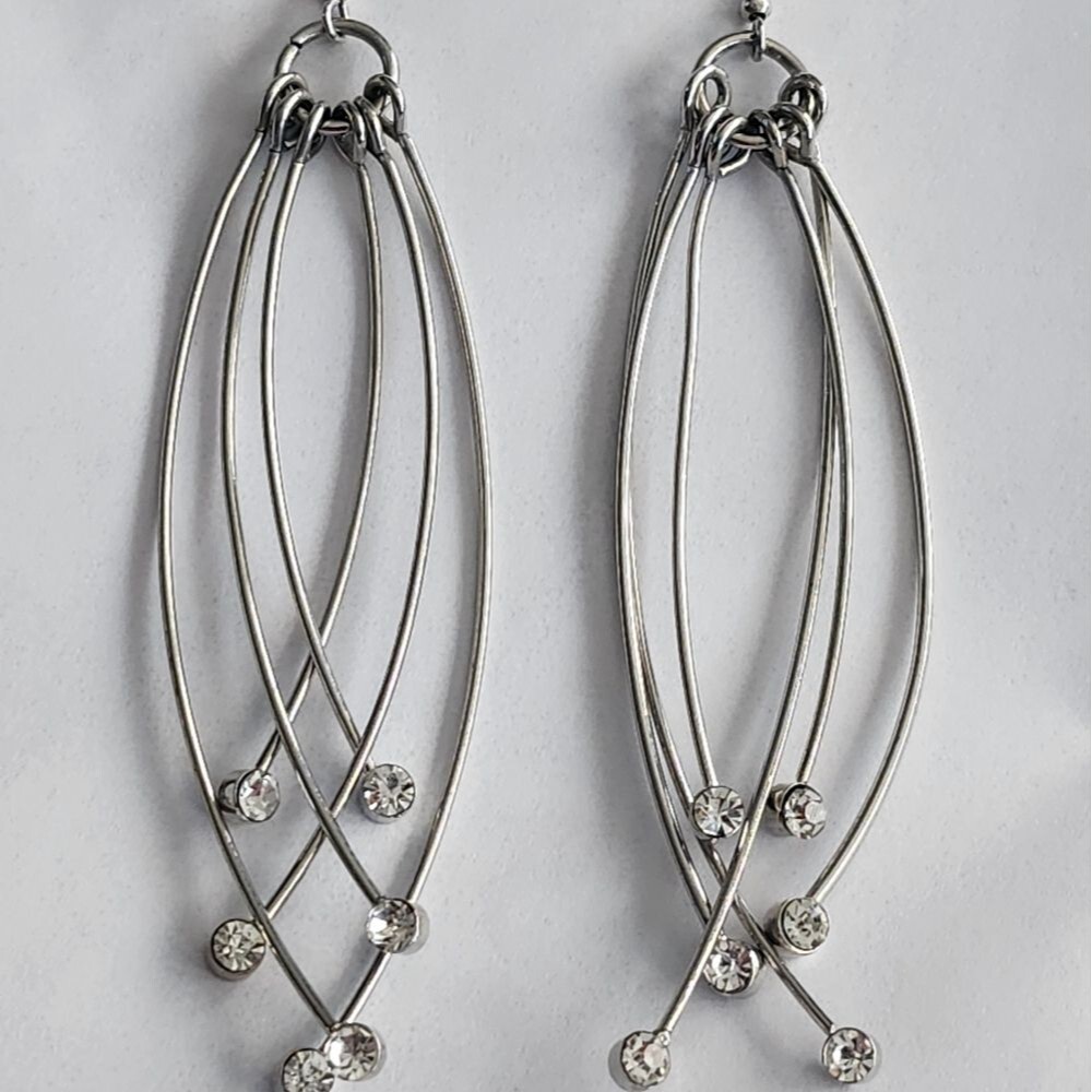 Elegant Silver Dangle Earrings, Rhinestones, 4" Long